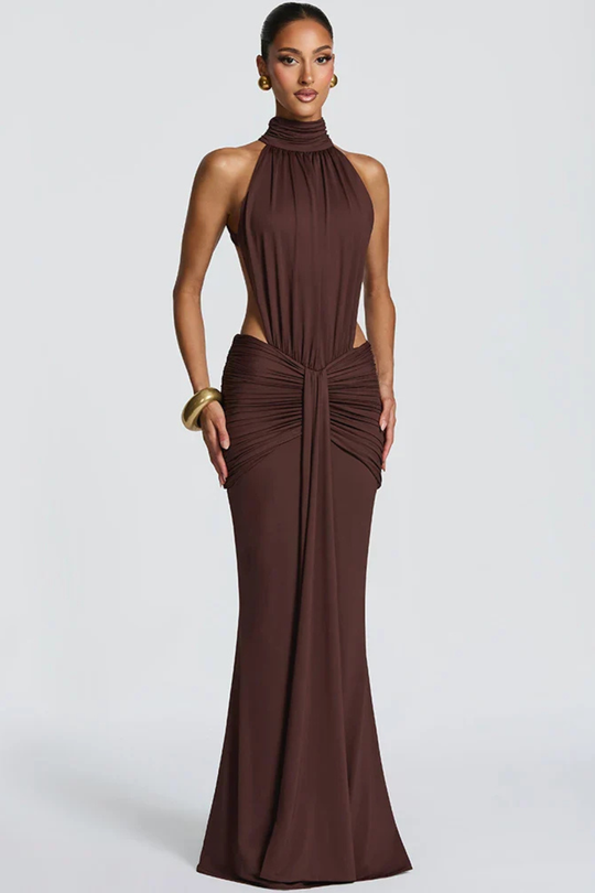 Women Halter Neck Backless Ruched Bodycon Weddign Guest Maxi Dress – Modern Everyday Look – Red – S