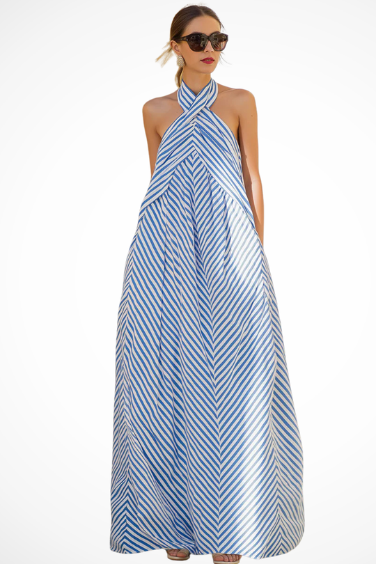 Women Striped Halter Neck Summer Maxi Dress – Modern Everyday Look – Light Blue – XS