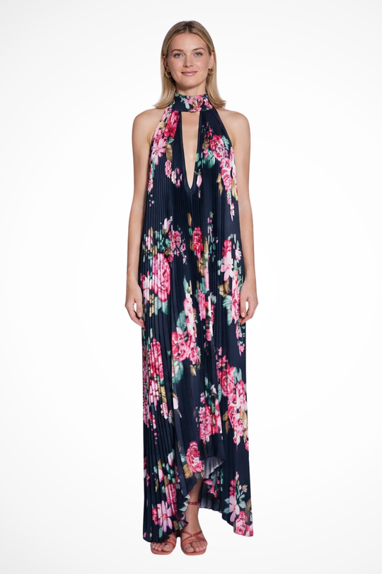 Women Printed Pleated Halter Neck Wedding-Guest Maxi Dress – Modern Everyday Look – Green – L