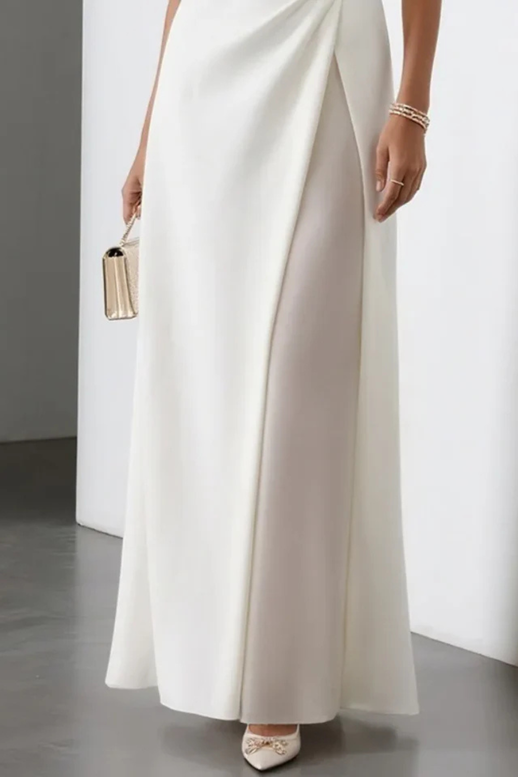 Women Sleeveless Draped Waist Wedding-Guest Maxi Dress – Modern Everyday Look – White – M