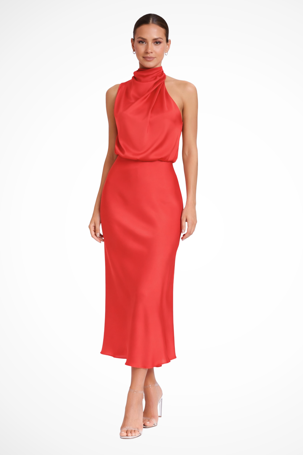 Women Halter Neck Midi Dress Satin Wedding-Guest Dress – Modern Everyday Look – Sage Green – L