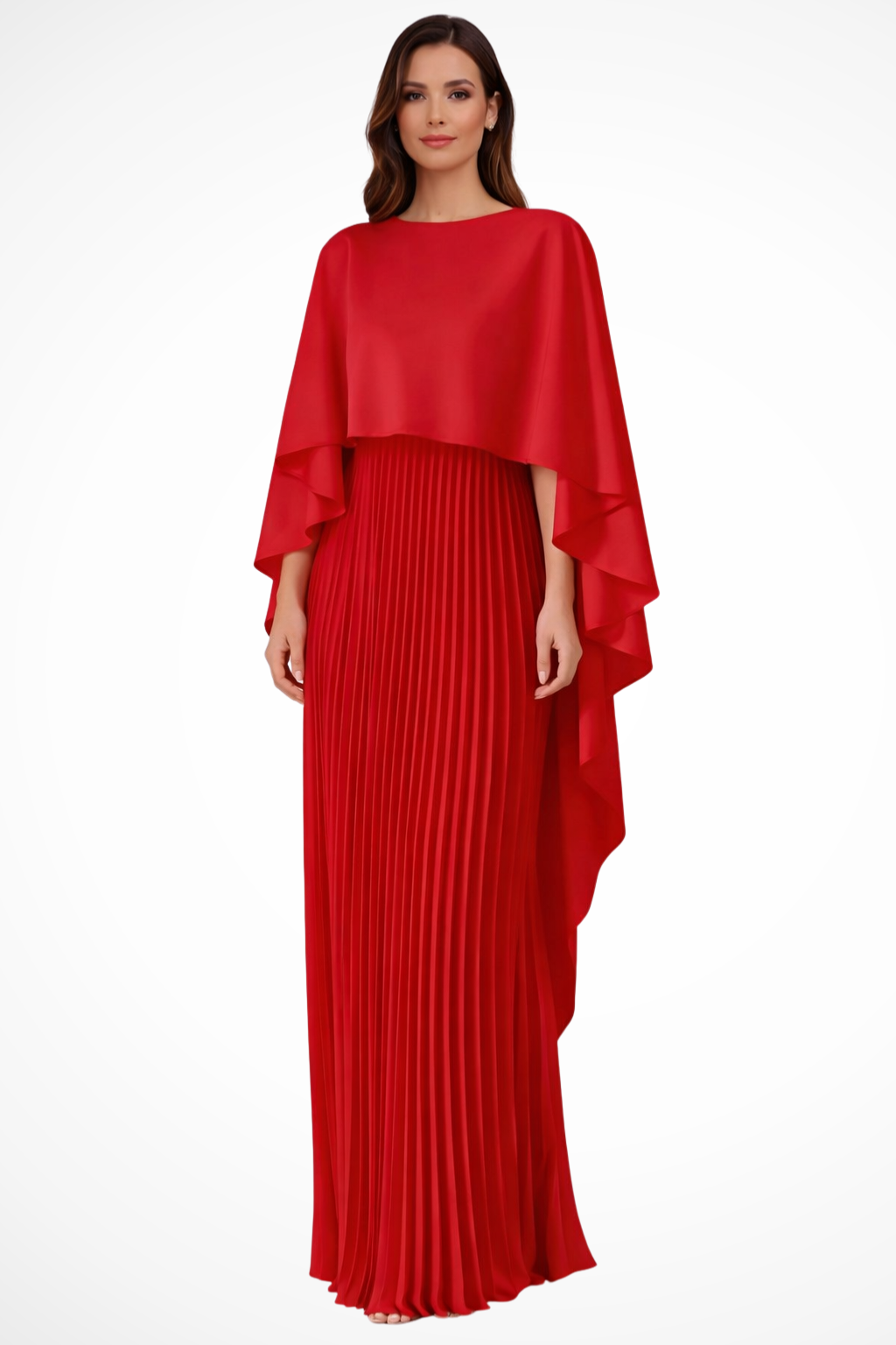 Women Cape Sleeve Pleated Wedding-Guest Maxi Dress – Modern Everyday Look – Beige – L