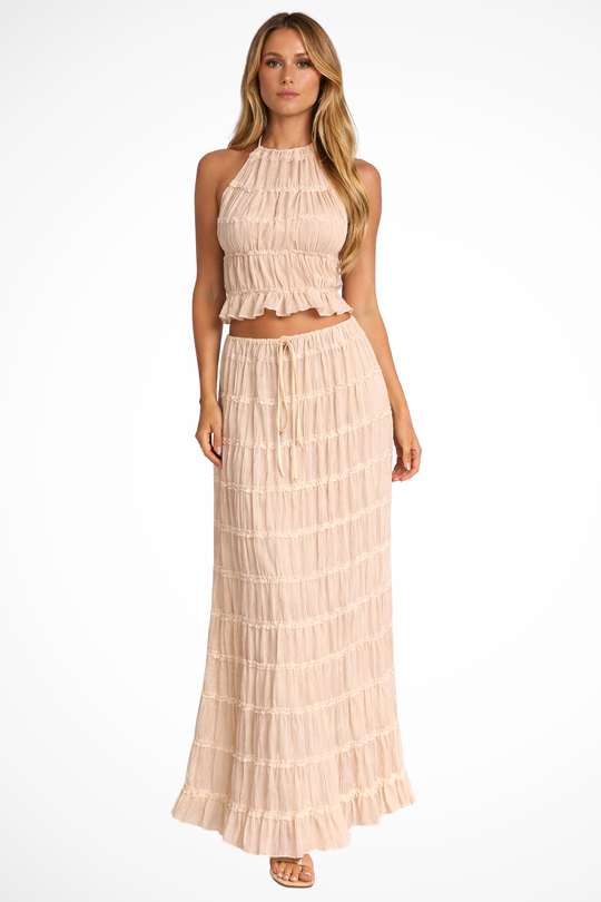 Women Ruched Halter Top and Maxi Skirt 2 Piece Set – Modern Everyday Look – Apricot – XS