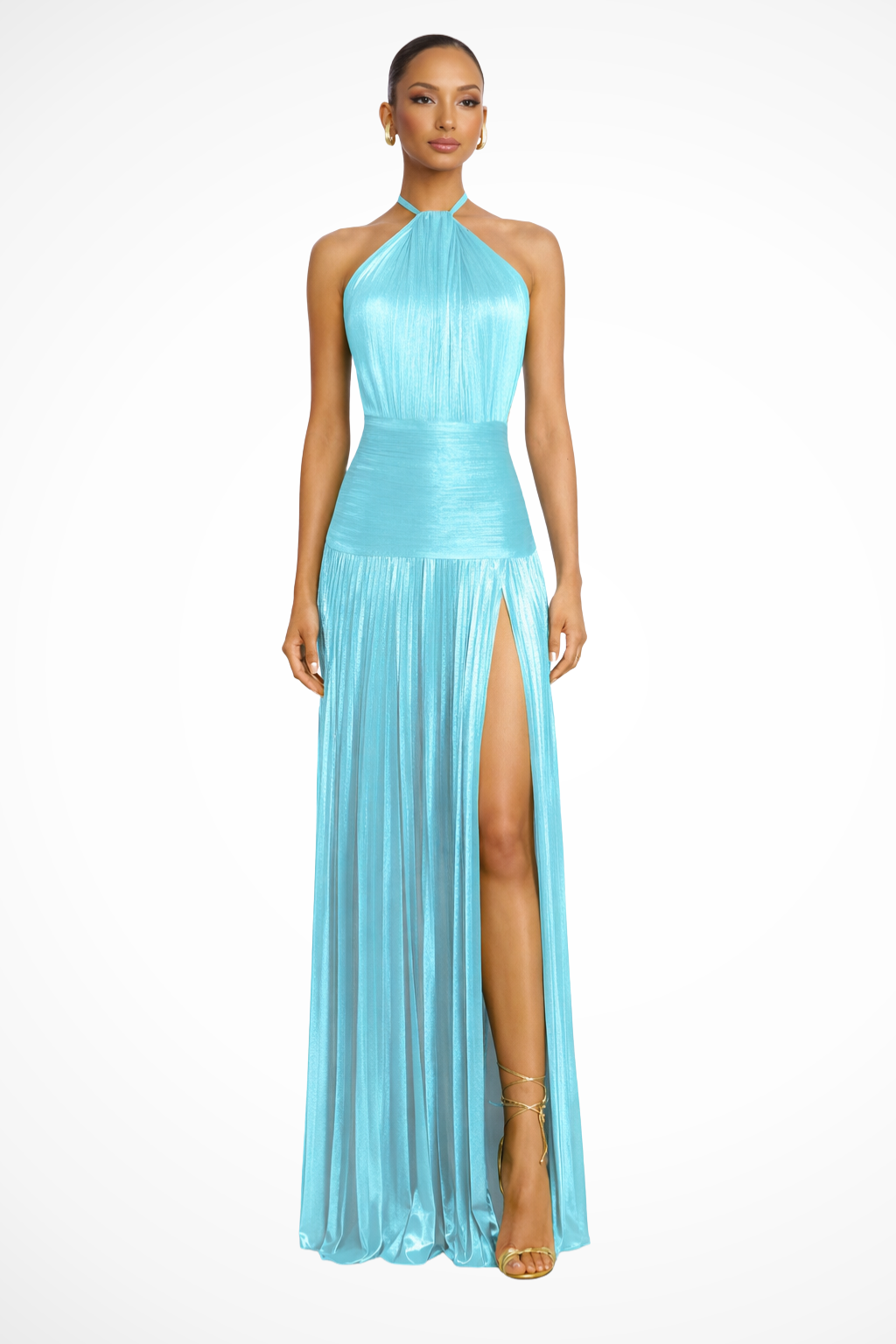 Women Halter Neck Pleated Satin Wedding-Guest Maxi Dress – Modern Everyday Look – Deep Blue – S