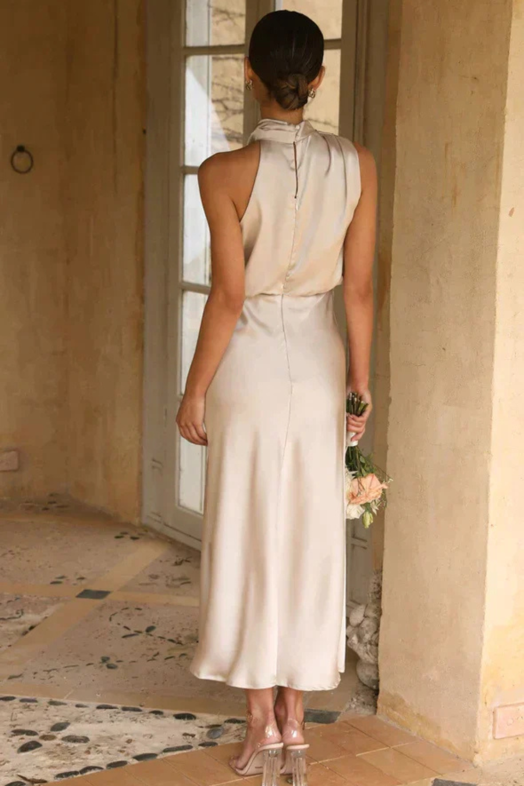 Women Halter Neck Midi Dress Satin Wedding-Guest Dress – Modern Everyday Look – Champagne – M