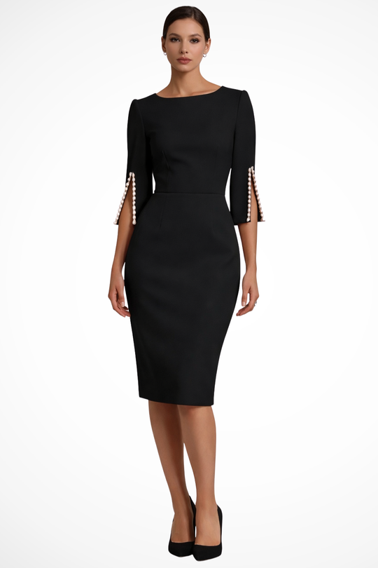 Women Round Neck Split Sleeve Bead Detail Wedding-Guest Midi Dress – Modern Everyday Look – Pink – 2XL