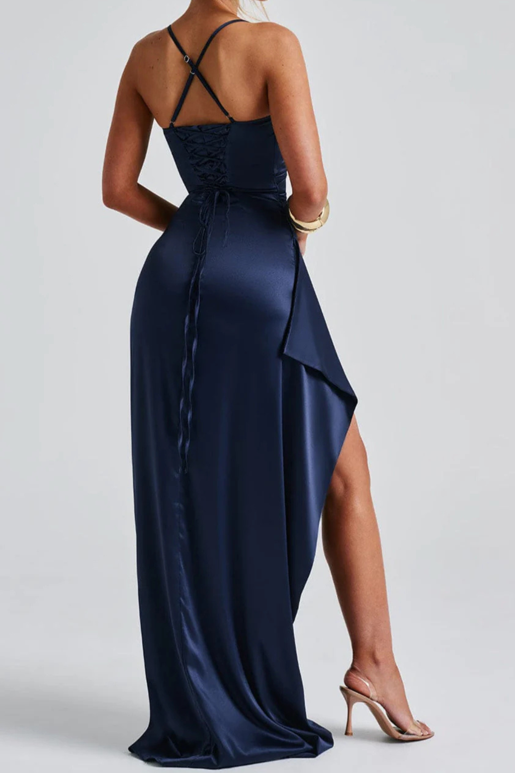 Women Spaghetti Strap Ruched Maxi High Slit Wedding-Guest Dress – Modern Everyday Look – Navy Blue – M