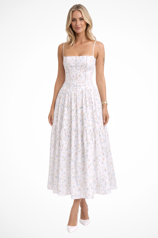 Women Tiered Summer Wedding-Guest Floral Midi Dress – Modern Everyday Look – White Print – XS