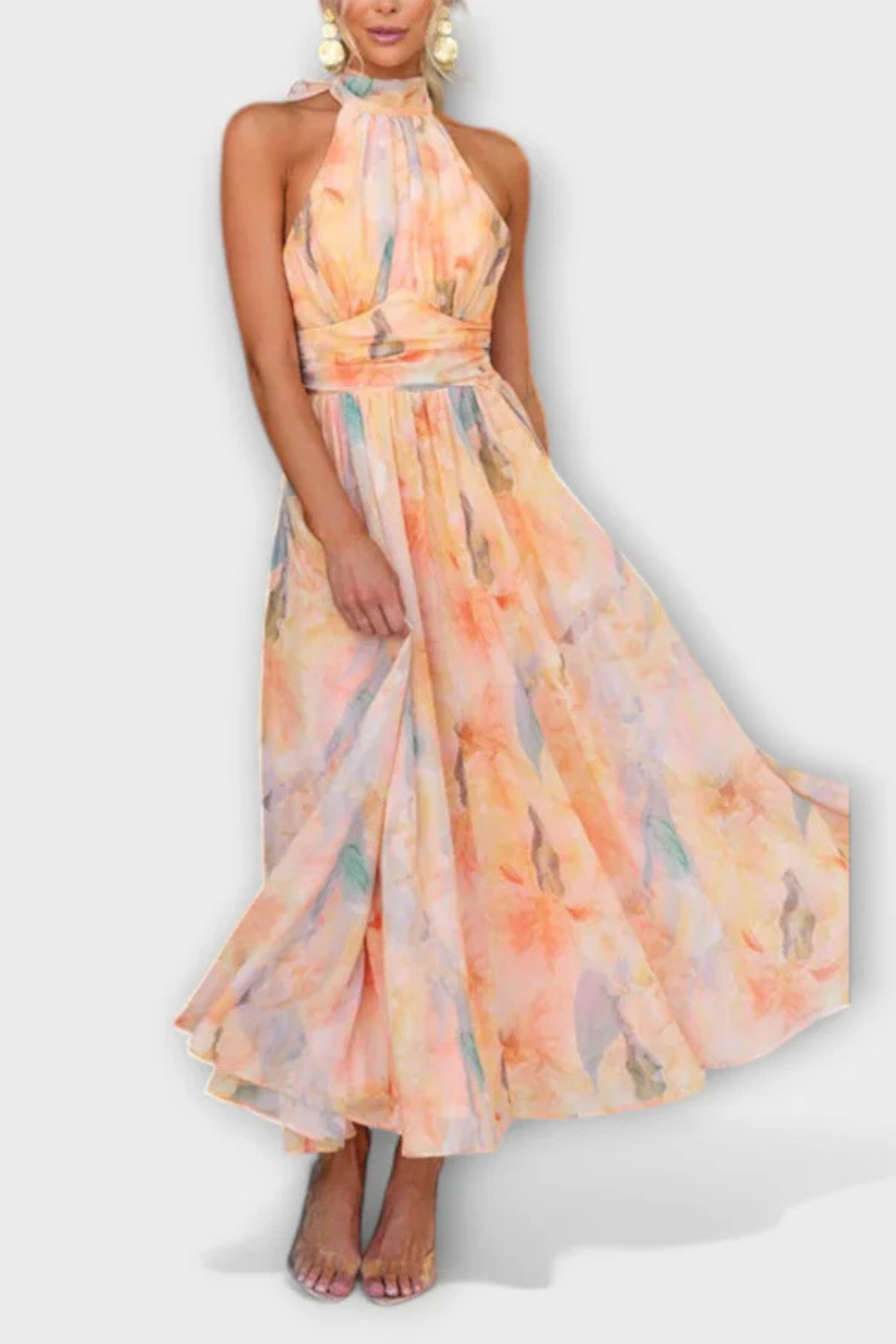 Women Abstract Print Halter Neck Maxi Dress – Modern Everyday Look – Peach – S