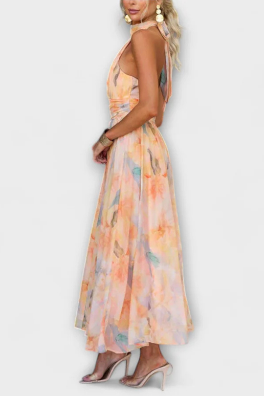 Women Abstract Print Halter Neck Maxi Dress – Modern Everyday Look – Peach – M