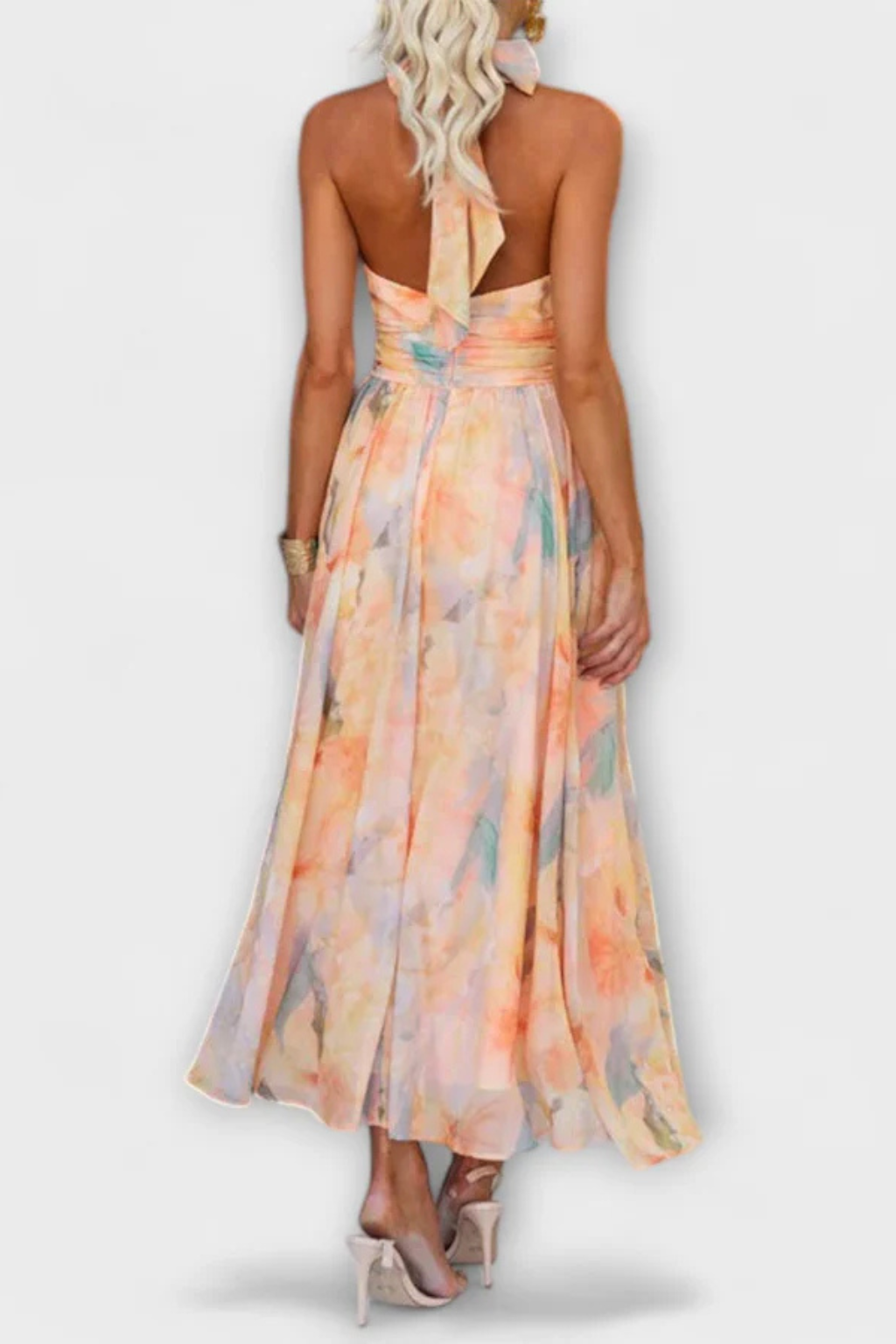 Women Abstract Print Halter Neck Maxi Dress – Modern Everyday Look – Peach – L