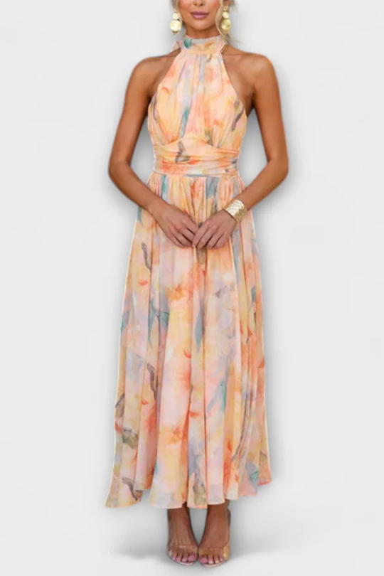 Women Abstract Print Halter Neck Maxi Dress – Modern Everyday Look – Peach – XL