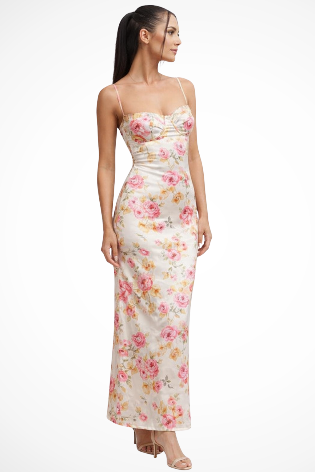 Women Ruched Summer Wedding-Guest Floral Maxi Dress – Modern Everyday Look – Midi Dress – M