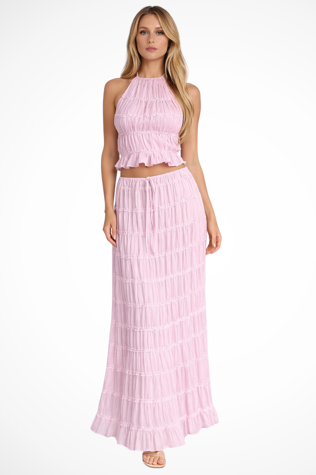 Women Ruched Halter Top and Maxi Skirt 2 Piece Set – Modern Everyday Look – Apricot – M