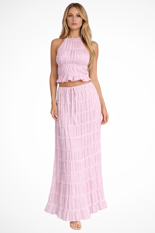 Women Ruched Halter Top and Maxi Skirt 2 Piece Set – Modern Everyday Look – Apricot – M