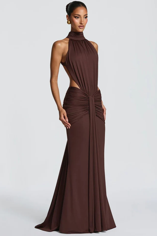 Women High Neck Backless Ruched Wedding-Guest Maxi Dress – Modern Everyday Look – Coffee – S