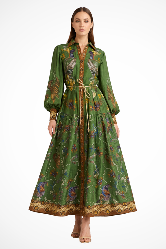 Women Long-Sleeve V-Neck Printed Tiered Maxi Dress – Modern Everyday Look – Dark Green – S