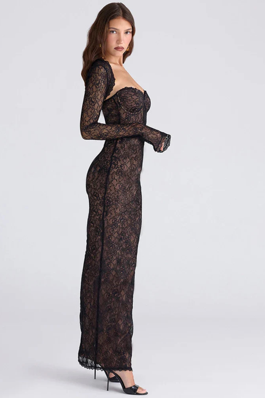 Women Long-Sleeve Lace Mesh Wedding-Guest Dress – Modern Everyday Look – Maxi Dress – M