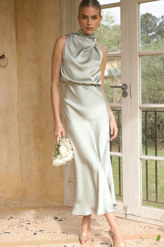 Women Halter Neck Midi Dress Satin Wedding-Guest Dress – Modern Everyday Look – Champagne – XL