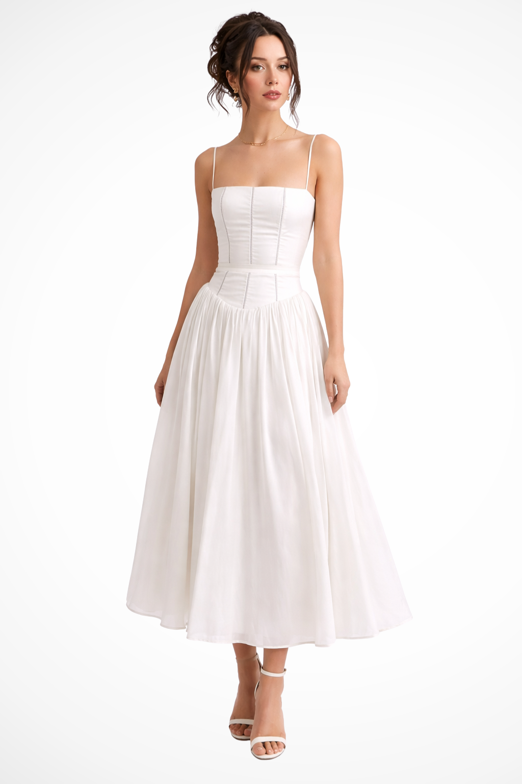 Women Tiered Summer Wedding-Guest Floral Midi Dress – Modern Everyday Look – White Print – XL