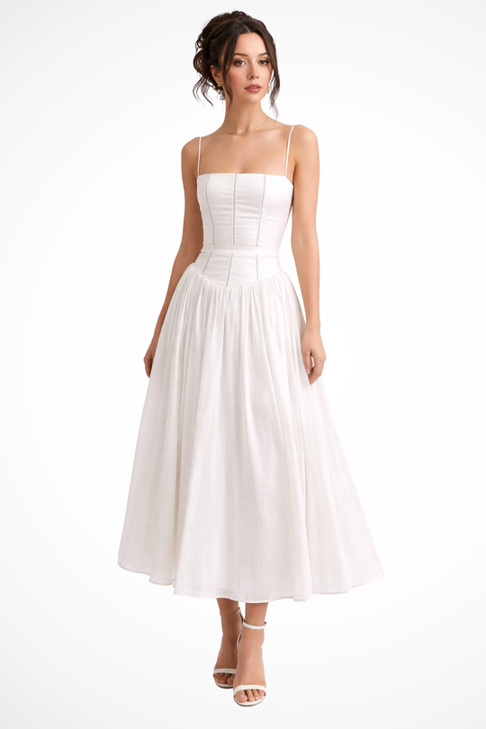 Women Tiered Summer Wedding-Guest Floral Midi Dress – Modern Everyday Look – White Print – XL
