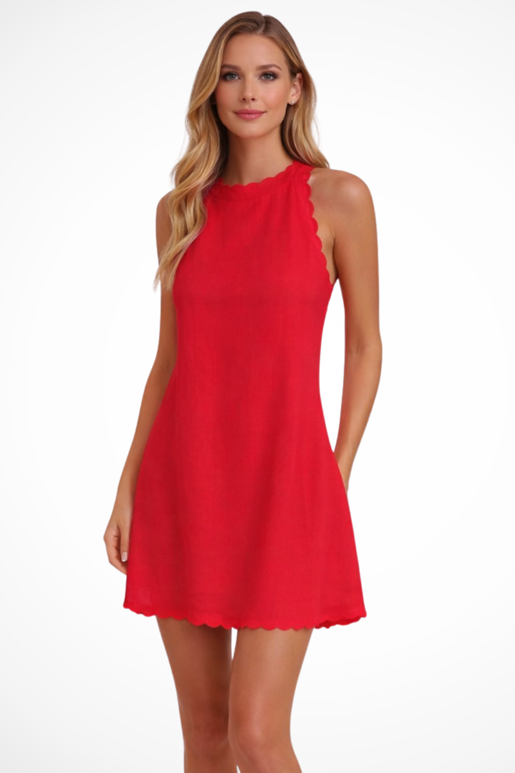 Women Sleeveless Scallop Hem Summer Mini Dress – Modern Everyday Look – Blue – XS