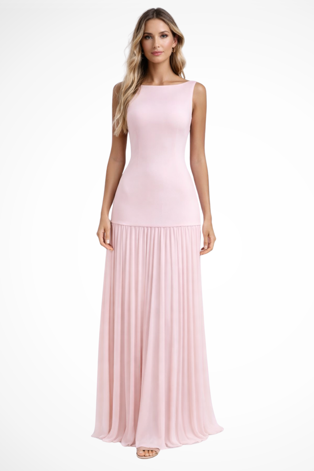 Women Elegant Pleated Formal Maxi Dress – Refined Occasion Style – Pink – M