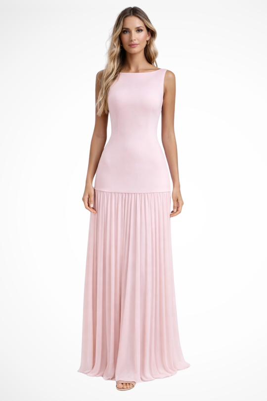 Women Elegant Pleated Formal Maxi Dress – Refined Occasion Style – Pink – M