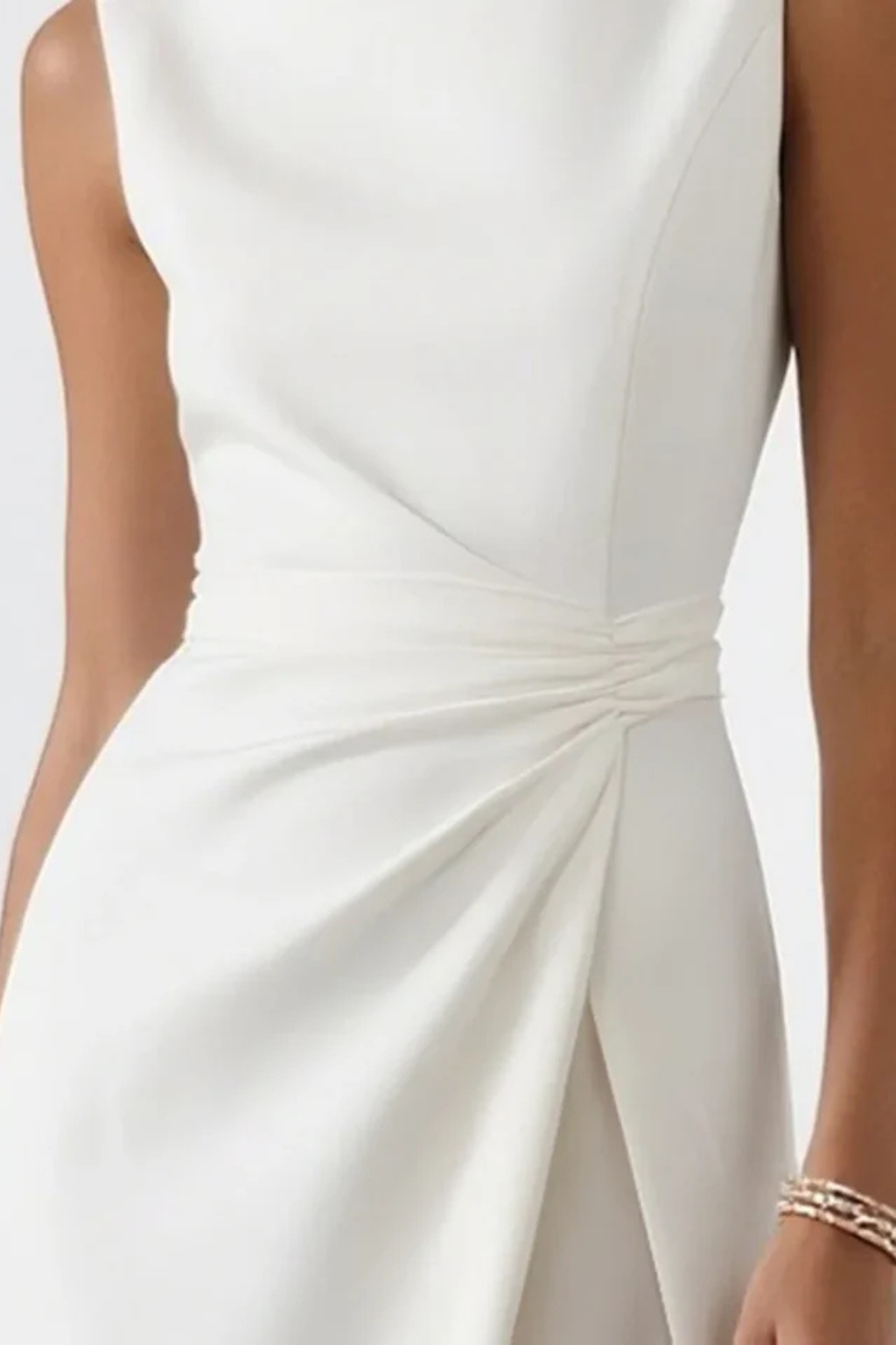Women Sleeveless Draped Waist Wedding-Guest Maxi Dress – Modern Everyday Look – White – L