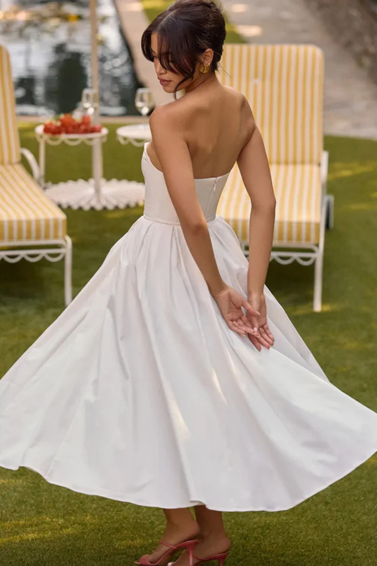 Women Strapless Corset Midi Dress with Flared Skirt – Modern Everyday Look – White – M