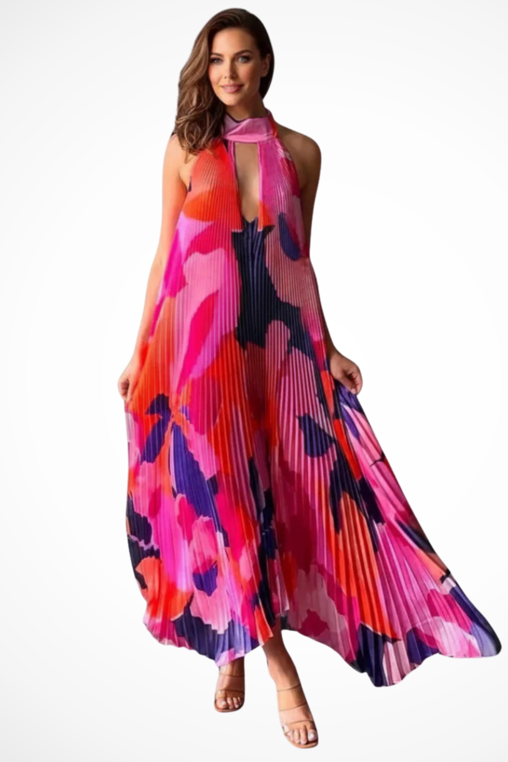Women Printed Pleated Halter Neck Wedding-Guest Maxi Dress – Modern Everyday Look – Pink – XS