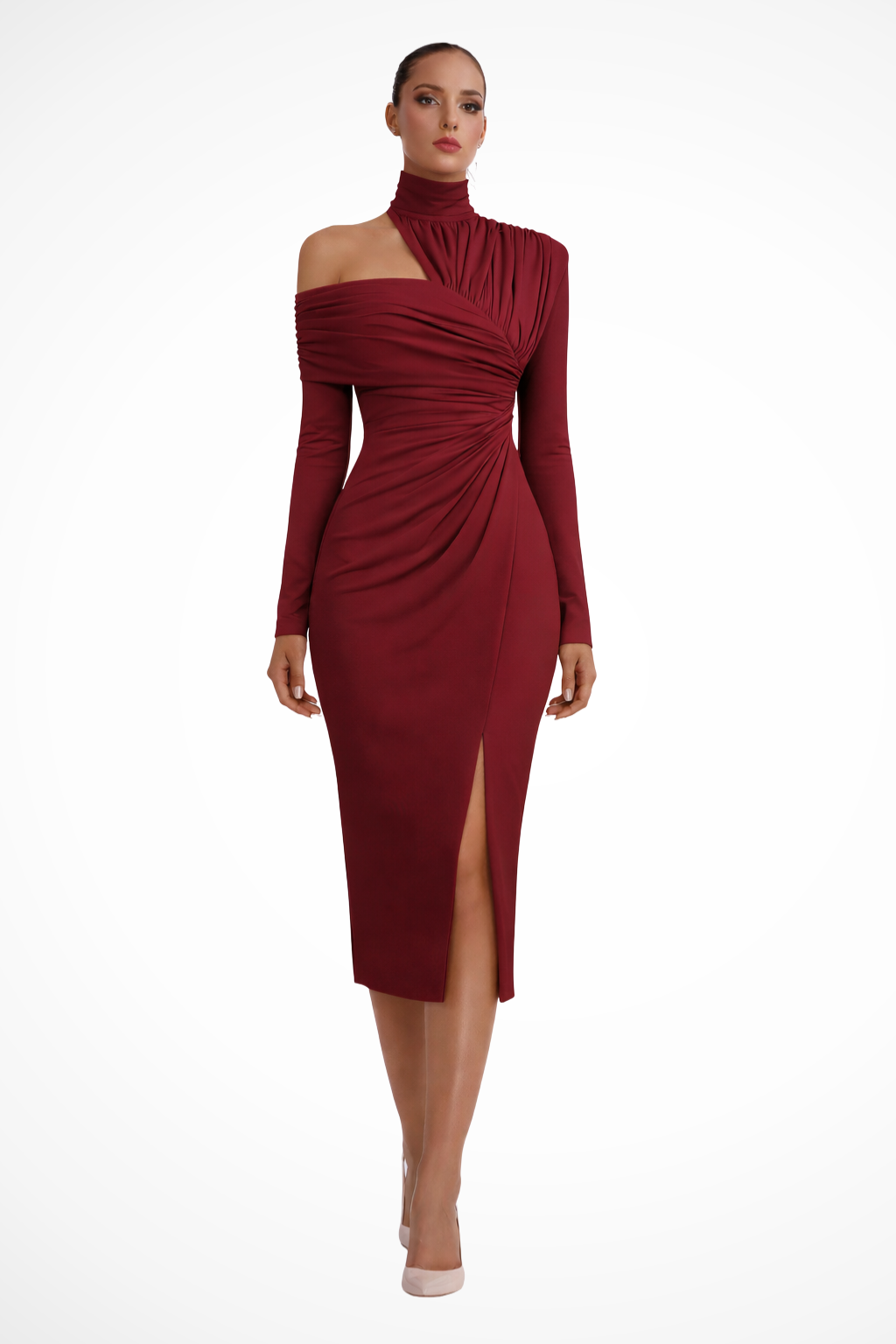 Women Asymmetric One-Shoulder Wedding-Guest Midi Dress – Modern Everyday Look – Sky Blue – S