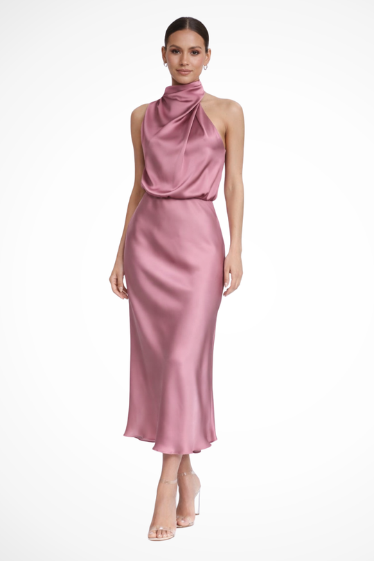 Women Halter Neck Midi Dress Satin Wedding-Guest Dress – Modern Everyday Look – Sage Green – XS