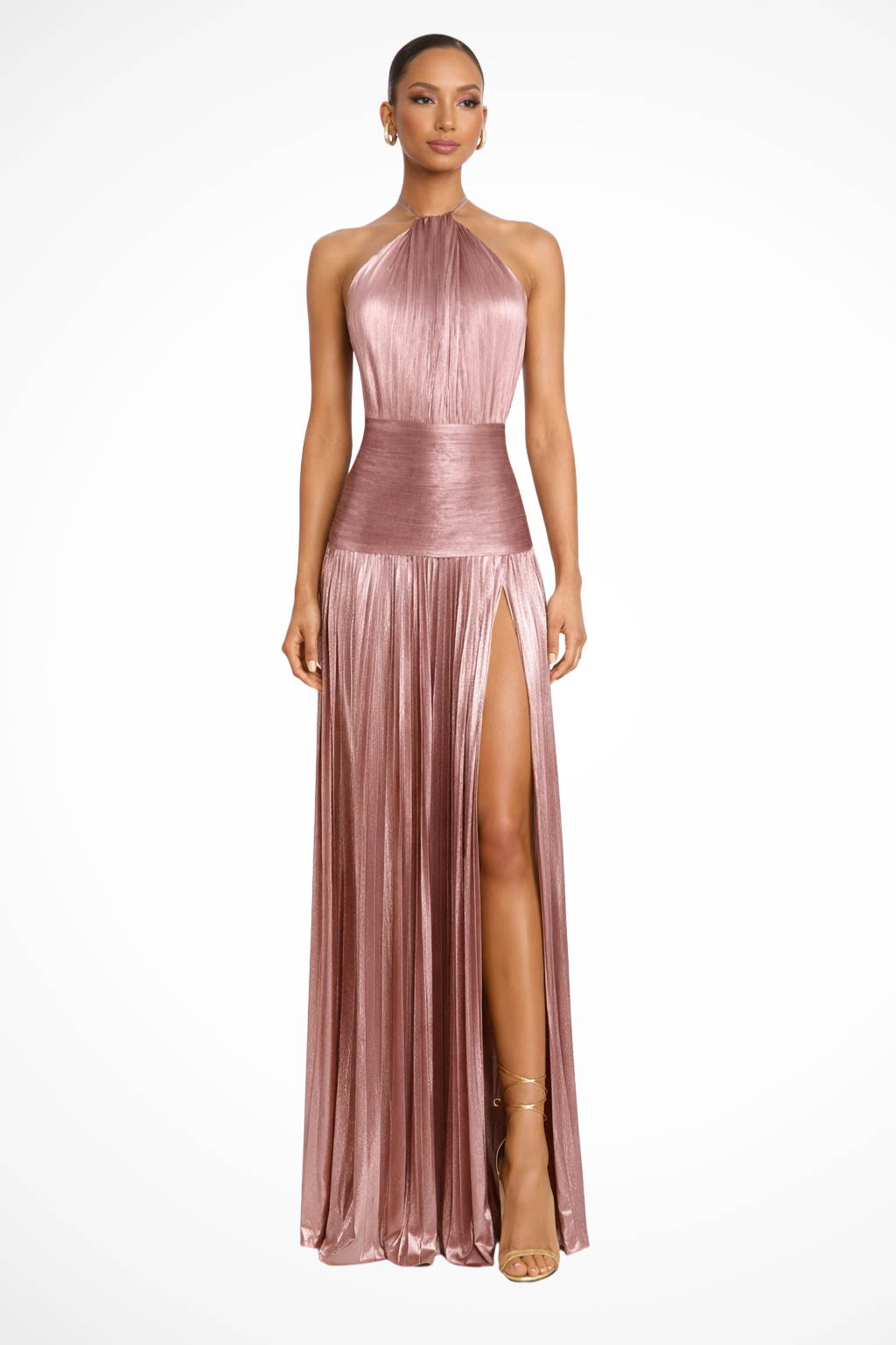 Women Halter Neck Pleated Satin Wedding-Guest Maxi Dress – Modern Everyday Look – Antique Gold – 2XL
