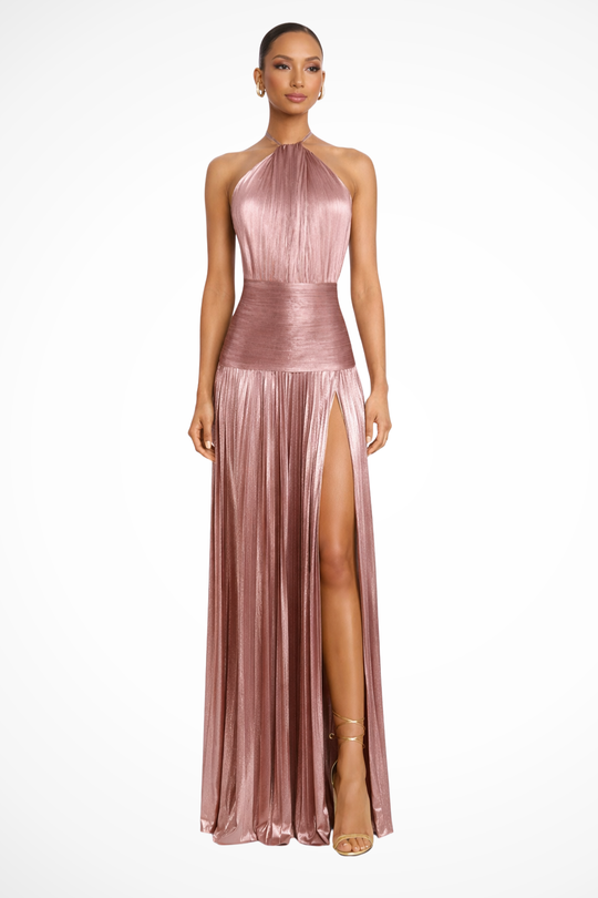 Women Halter Neck Pleated Satin Wedding-Guest Maxi Dress – Modern Everyday Look – Antique Gold – 2XL