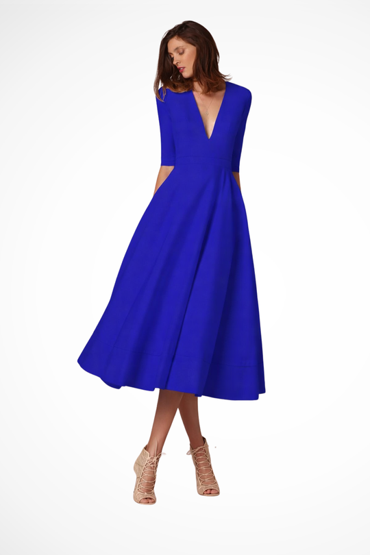 Women Deep V-Neck Half Sleeve Fitted Flared Midi Dress – Modern Everyday Look – Yellow – XL