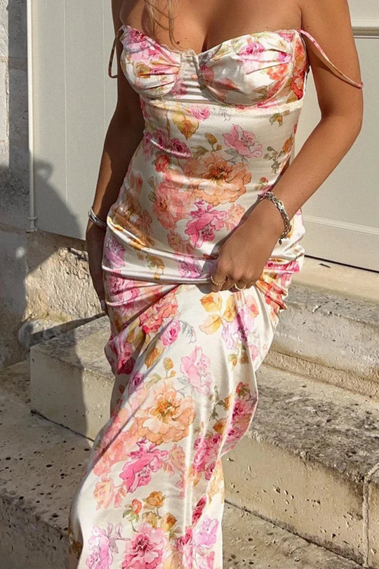 Women Ruched Summer Wedding-Guest Floral Maxi Dress – Modern Everyday Look – Midi Dress – L