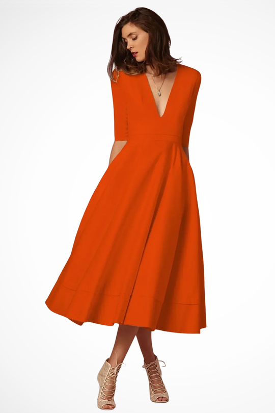 Women Deep V-Neck Half Sleeve Fitted Flared Midi Dress – Modern Everyday Look – Yellow – L