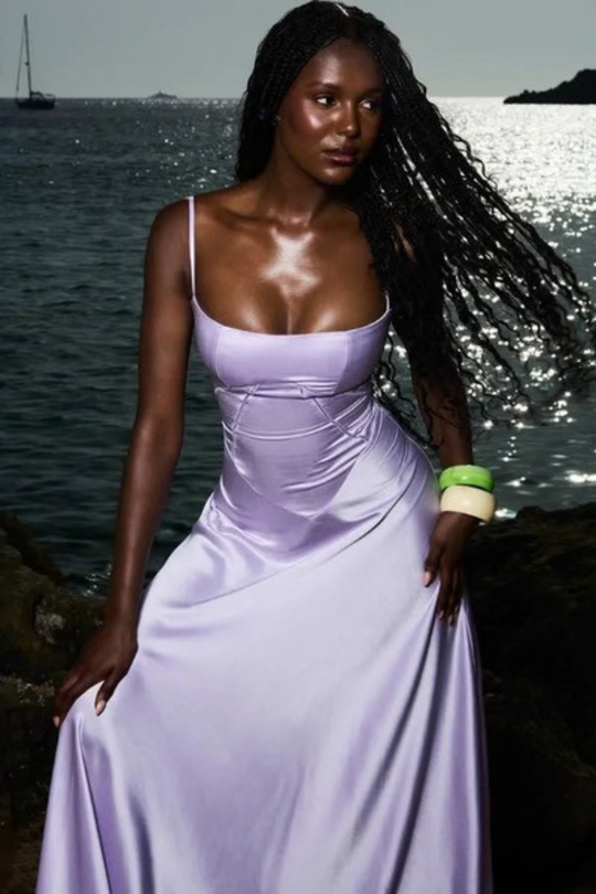 Women Satin Corset Wedding-Guest Maxi Dress – Modern Everyday Look – Purple – XS