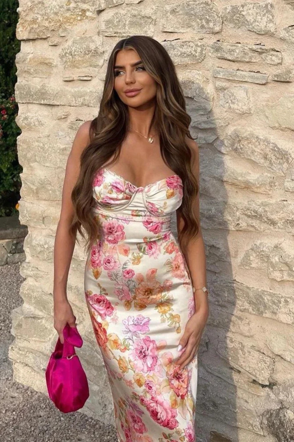 Women Ruched Summer Wedding-Guest Floral Maxi Dress – Modern Everyday Look – Ivory Print – M