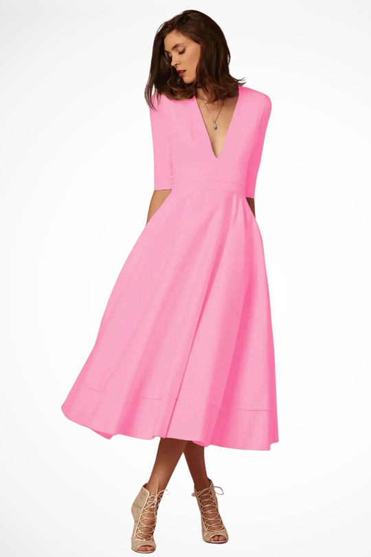 Women Deep V-Neck Half Sleeve Fitted Flared Midi Dress – Modern Everyday Look – Yellow – M