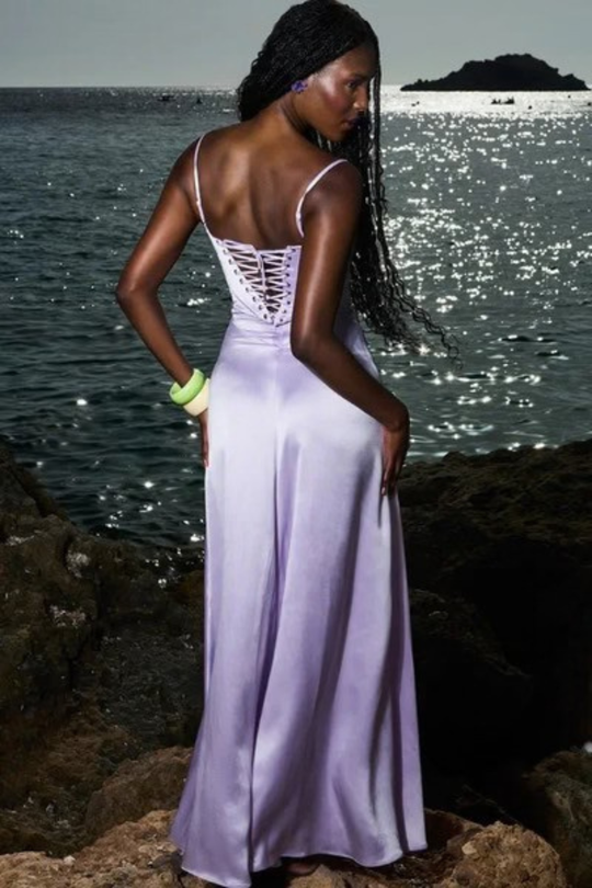 Women Satin Corset Wedding-Guest Maxi Dress – Modern Everyday Look – Purple – M