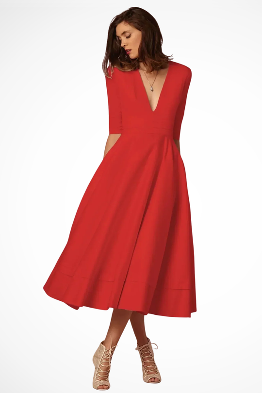 Women Deep V-Neck Half Sleeve Fitted Flared Midi Dress – Modern Everyday Look – Yellow – XS