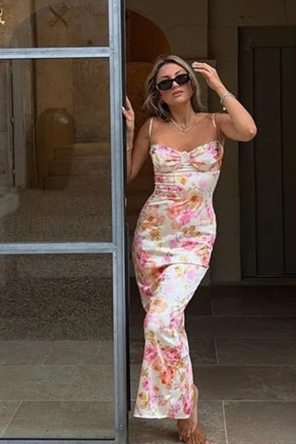 Women Ruched Summer Wedding-Guest Floral Maxi Dress – Modern Everyday Look – Ivory Print – L