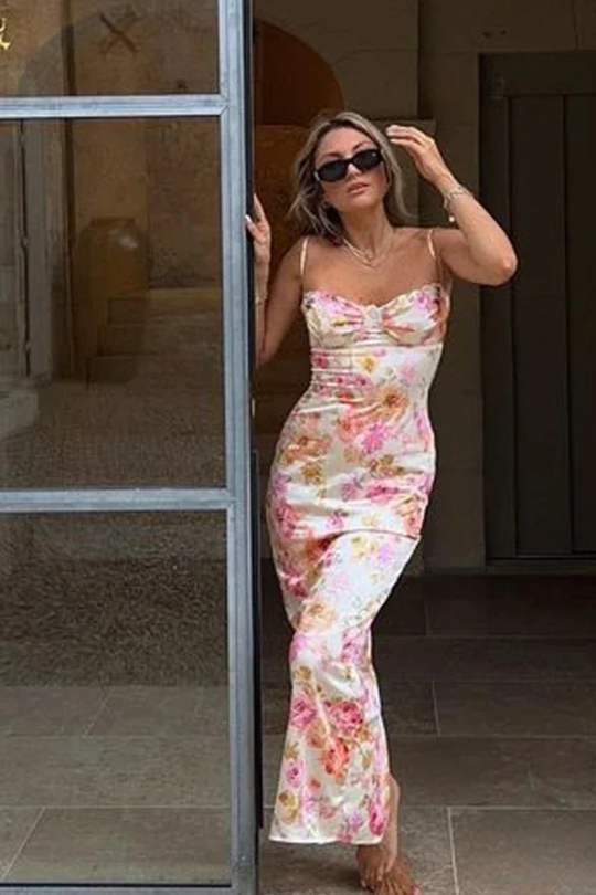 Women Ruched Summer Wedding-Guest Floral Maxi Dress – Modern Everyday Look – Ivory Print – L