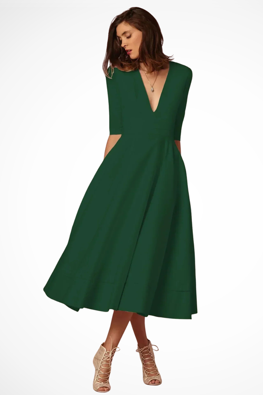 Women Deep V-Neck Half Sleeve Fitted Flared Midi Dress – Modern Everyday Look – Navy Blue – 2XL
