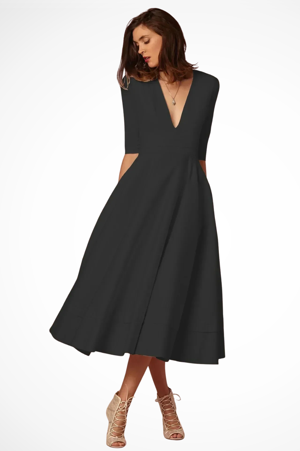 Women Deep V-Neck Half Sleeve Fitted Flared Midi Dress – Modern Everyday Look – Navy Blue – XL