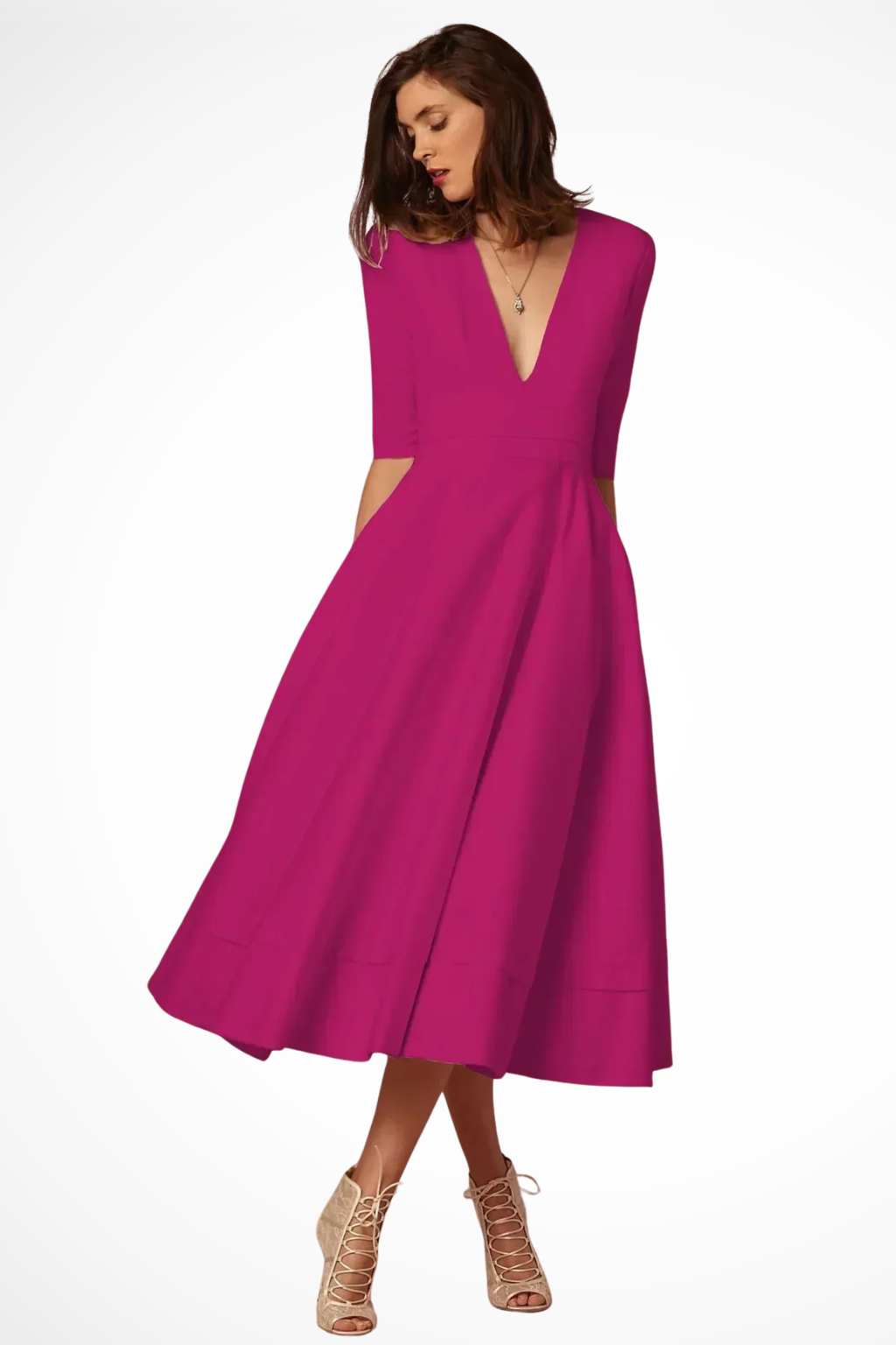 Women Deep V-Neck Half Sleeve Fitted Flared Midi Dress – Modern Everyday Look – Navy Blue – L