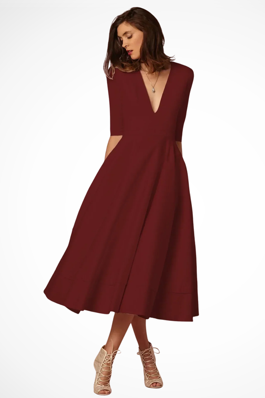 Women Deep V-Neck Half Sleeve Fitted Flared Midi Dress – Modern Everyday Look – Navy Blue – M