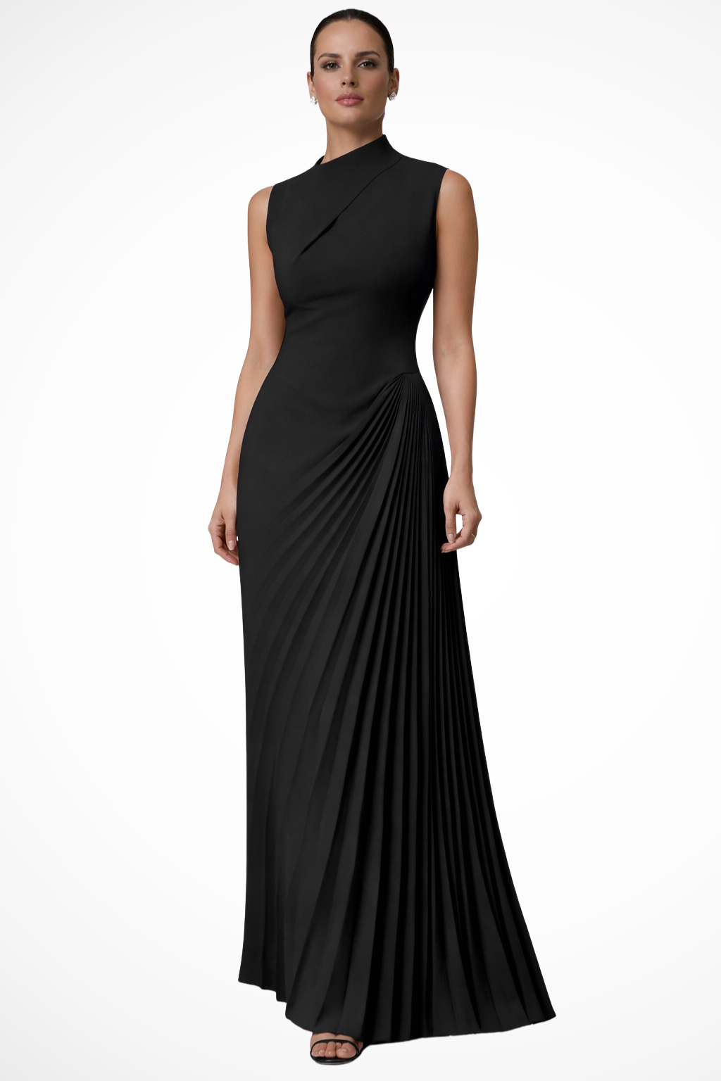 Women One-Shoulder Pleated Wedding-Guest Race Day Maxi Dress – Modern Everyday Look – Black – XS
